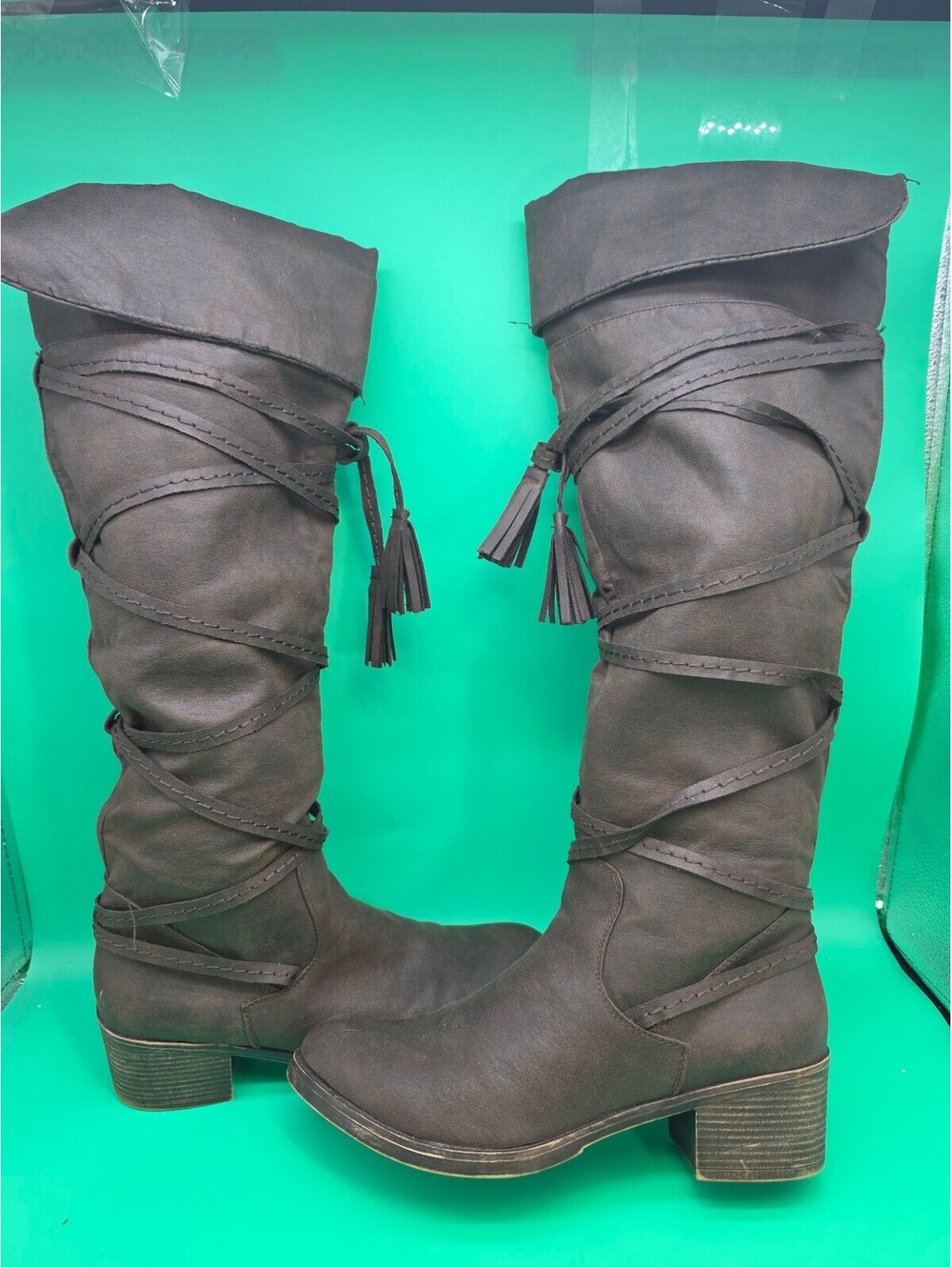 SUGAR SGR-VALE Women’s Size 10M Brown Tall Boots Wrap Straps Tassels